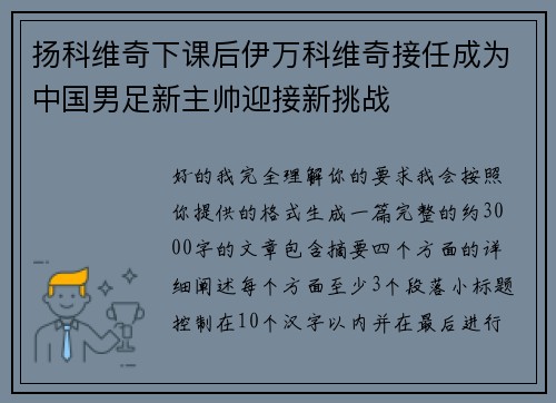 扬科维奇下课后伊万科维奇接任成为中国男足新主帅迎接新挑战